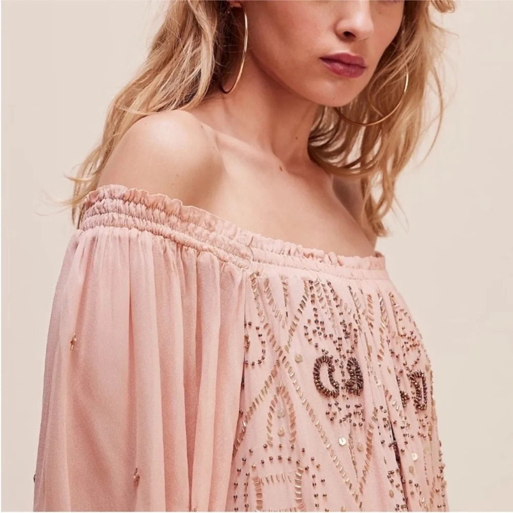 NEW NWT Free People Off The Shoulder Embellished Moon Gleam Dress Rose Smoke - Picture 2 of 10